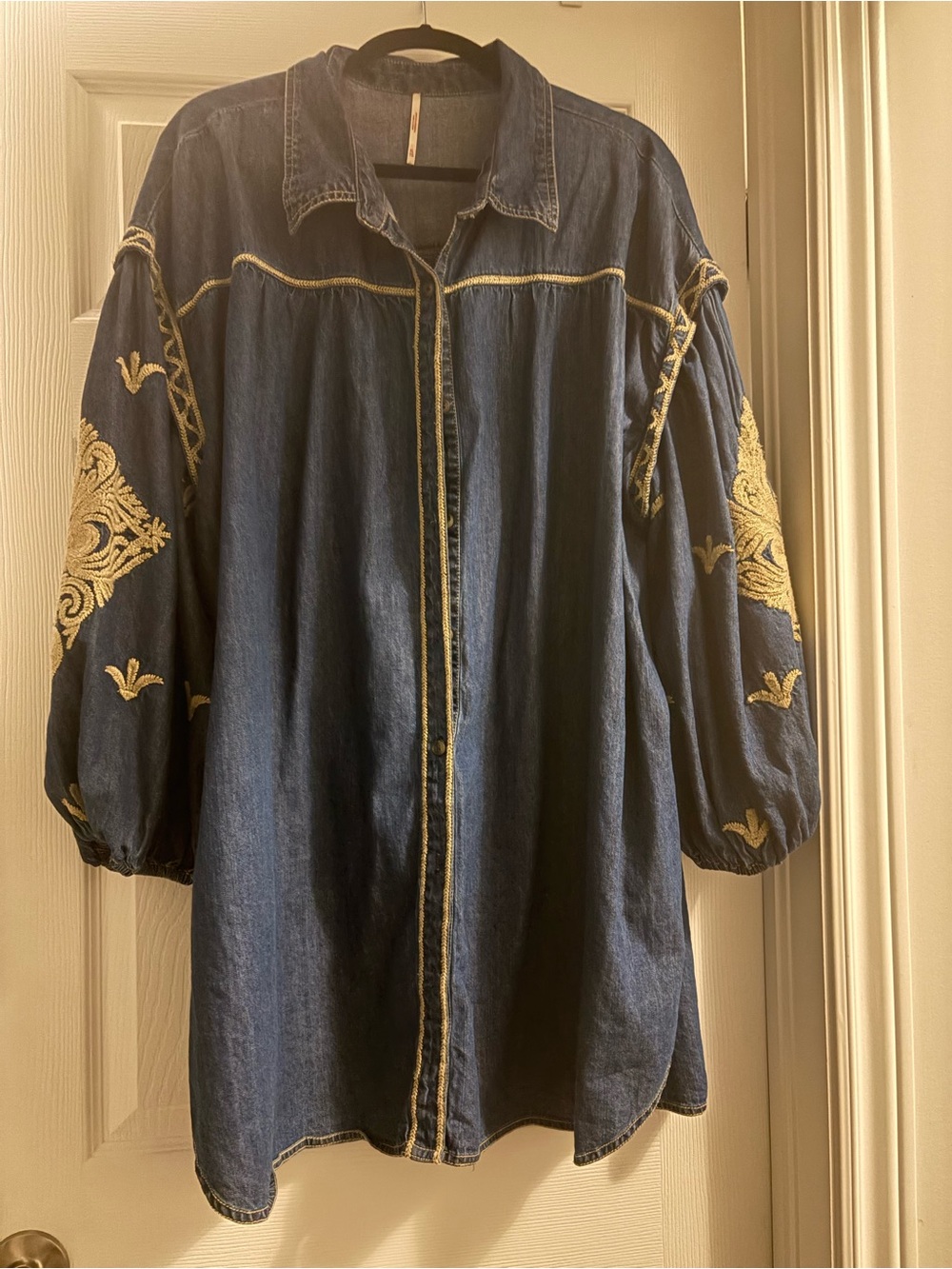 Free People Dark Blue Denim Tunic with Gold Embroidery